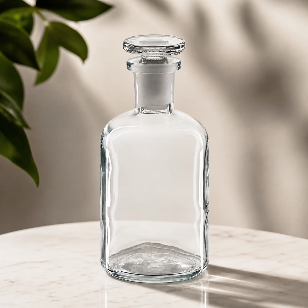 Butelka z zaokrąglonymi ramionami, 100 ml, z przezroczystego szkła, z wąską szyjką i okrągłym szklanym korkiem, na marmurze