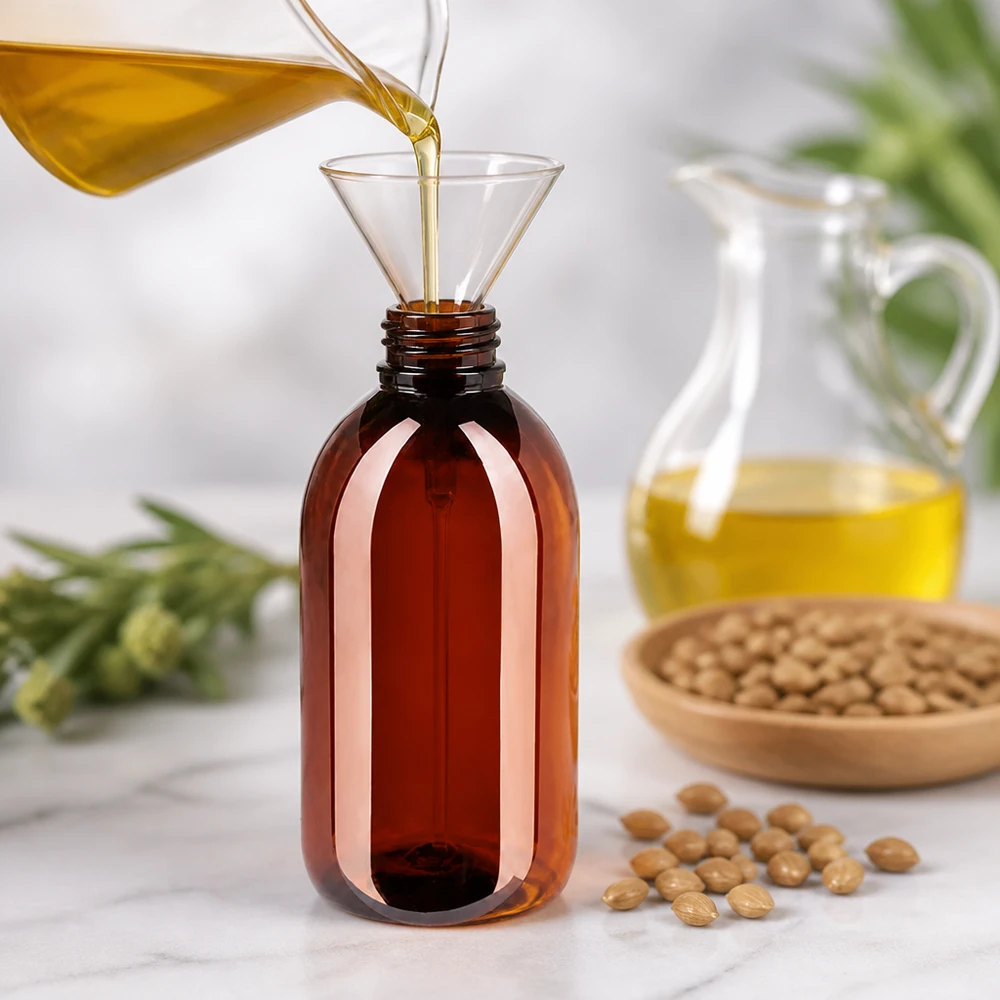 Butelka PET 250 ml z niebieską nakrętką OV Butelka PET o pojemności 250 ml w kolorze bursztynowym z lejkiem podczas napełniania złotym olejem roślinnym