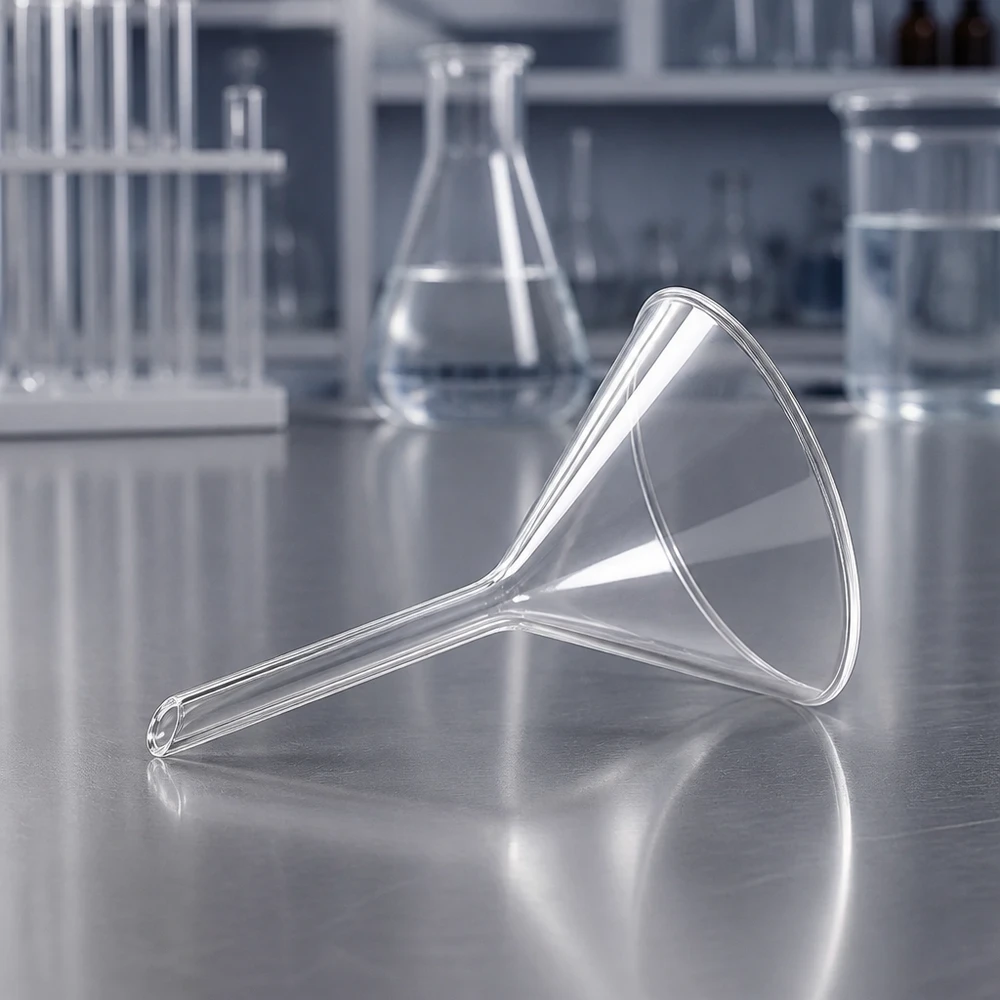 Przezroczysty szklany lejek laboratoryjny z otworem 50 mm do zastosowań i eksperymentów chemicznych