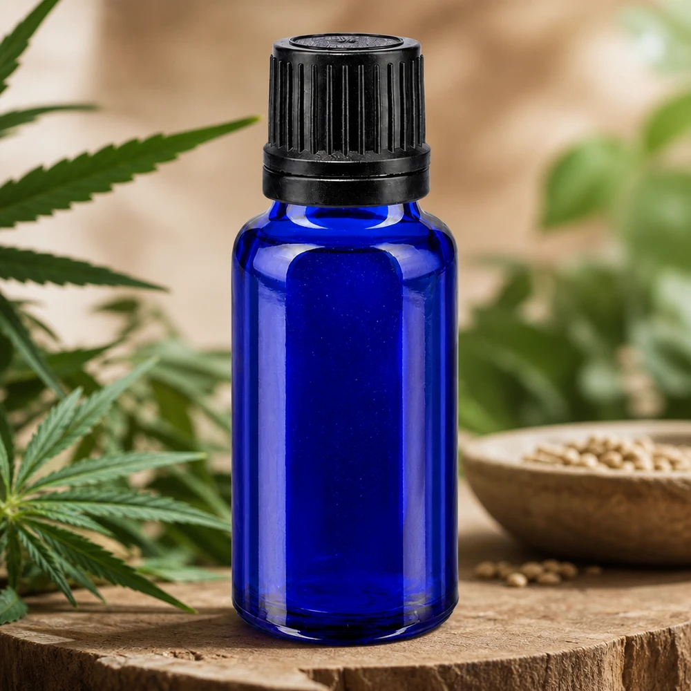 Butelka apteczna niebieska 20ml kroplówka v. Pr. 1mm czarny OV Kobaltowo-niebieska szklana buteleczka apteczna o pojemności 20 ml z czarnym zamknięciem zabezpieczającym przed dziećmi i motywem roślin konopi