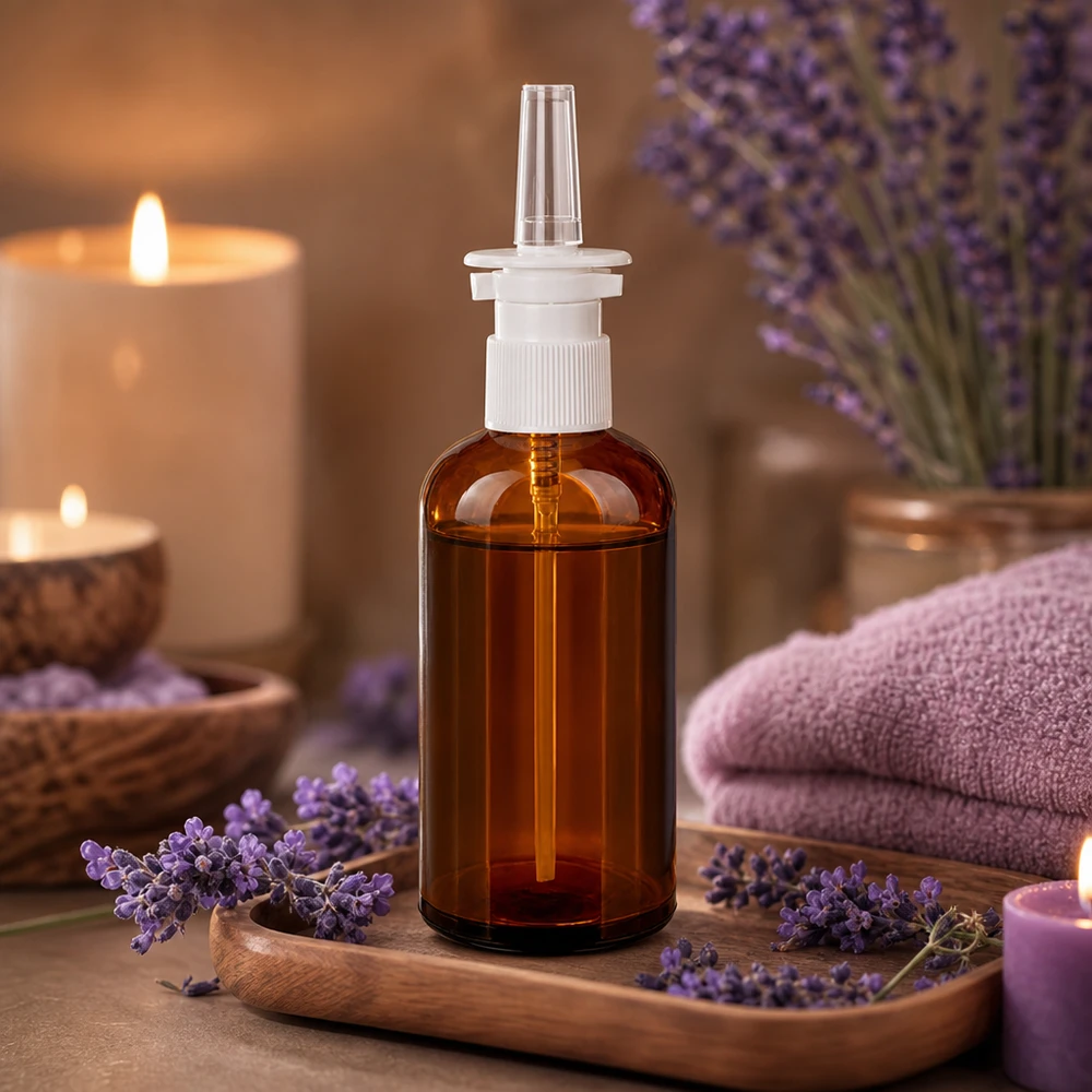 100 ml butelka z atomizerem do nosa, przezroczysta STD BrownLine UT18/100 Butelka z rozpylaczem BrownLine o pojemności 100 ml wykonana z bursztynowego szkła chroniącego przed promieniowaniem UV z gwintem UT18