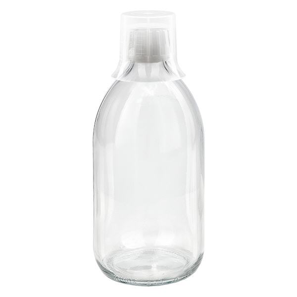 Butelka na lek 500 ml przezroczysta, zakr&#281;tka OV z kubkiem dozuj&#261;cym 30 ml ApoGlas. Farmaceutyczna jako&#347;&#263; produkcji UE. Gwint 28 mm (PP28). (syrop, butelka z lekkiego szk&#322;a)