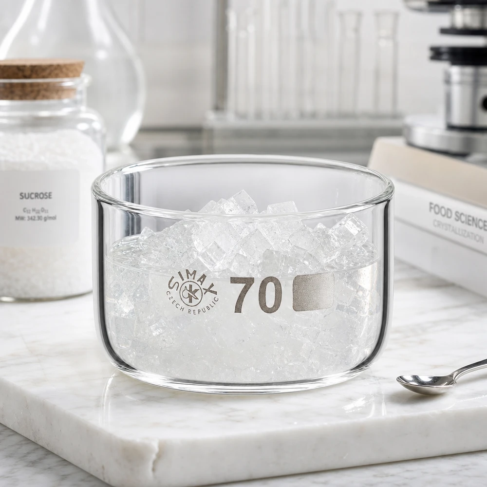 Naczynie do krystalizacji 100 ml bez dziobka Borokrzemianowe Płaska, cylindryczna szklana miseczka o średnicy 70 mm wypełniona kryształkami cukru obok szklanki z sacharozą