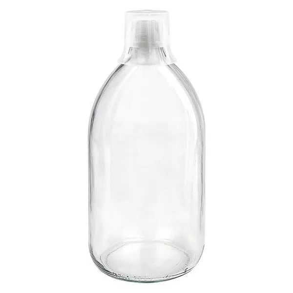 Butelka na lek 1000 ml przezroczysta, zakrętka OV z kubkiem dozującym 30 ml ApoGlas. Farmaceutyczna jakość produkcji UE. Gwint 28 mm (PP28). (syrop, butelka z lekkiego szkła) Butelka na lek 1000 ml przezroczysta, zakrętka OV z kubkiem dozującym 30 ml ApoGlas. Farmaceutyczna jakość produkcji UE. Gwint 28 mm (PP28). (syrop, butelka z lekkiego szkła)