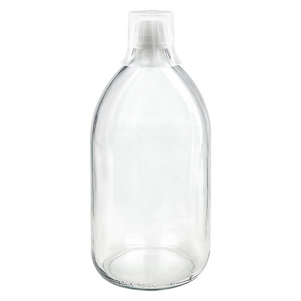 Butelka na lek 1000 ml przezroczysta, zakr&#281;tka OV z kubkiem dozuj&#261;cym 30 ml ApoGlas. Farmaceutyczna jako&#347;&#263; produkcji UE. Gwint 28 mm (PP28). (syrop, butelka z lekkiego szk&#322;a)