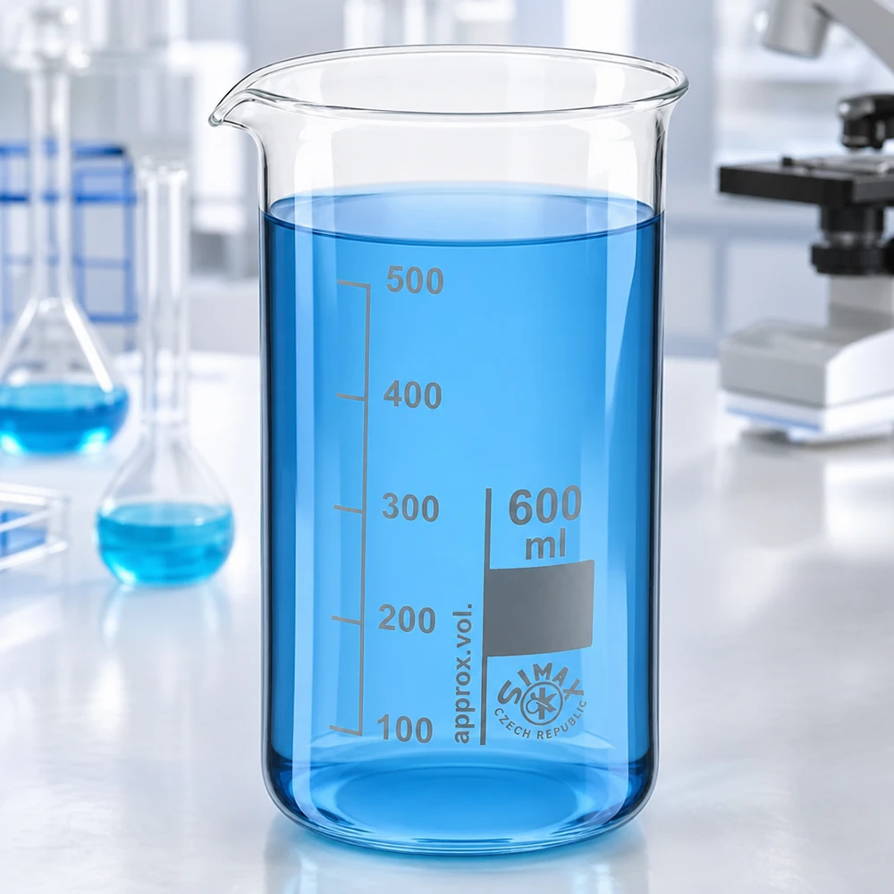 Przezroczysta zlewka laboratoryjna o pojemności 600 ml, o wysokim kształcie, z niebieską cieczą na białym stole laboratoryjnym