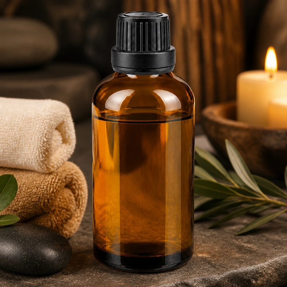 Brązowa buteleczka apteczna o pojemności 50 ml z czarnym zamknięciem zabezpieczającym, ustawiona na kamieniu naturalnym obok akcesoriów wellness