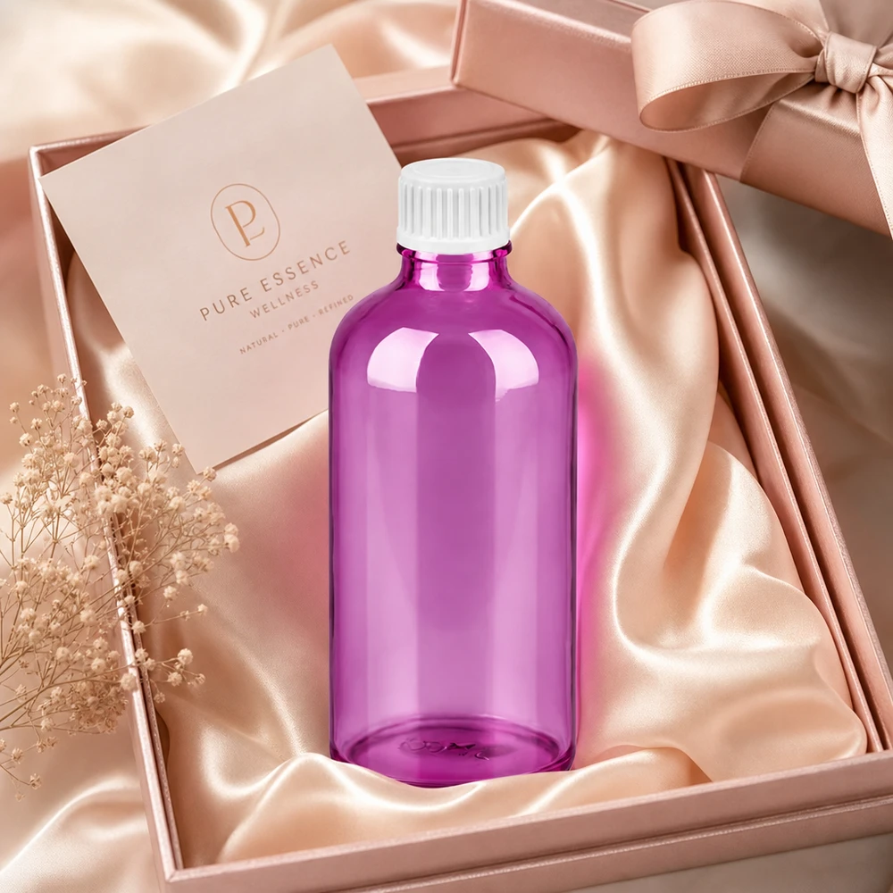 Przezroczysta butelka z zakraplaczem 100 ml w eleganckim fioletowym kolorze z profesjonalną białą zakrętką.
