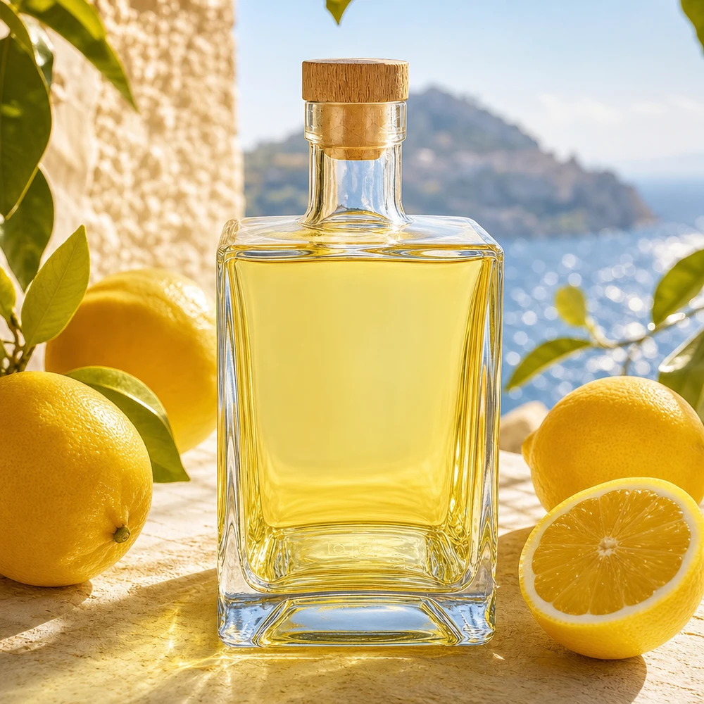 700 ml szklana butelka Ben wypełniona żółtym likierem między cytrynami w śródziemnomorskim otoczeniu z korkiem