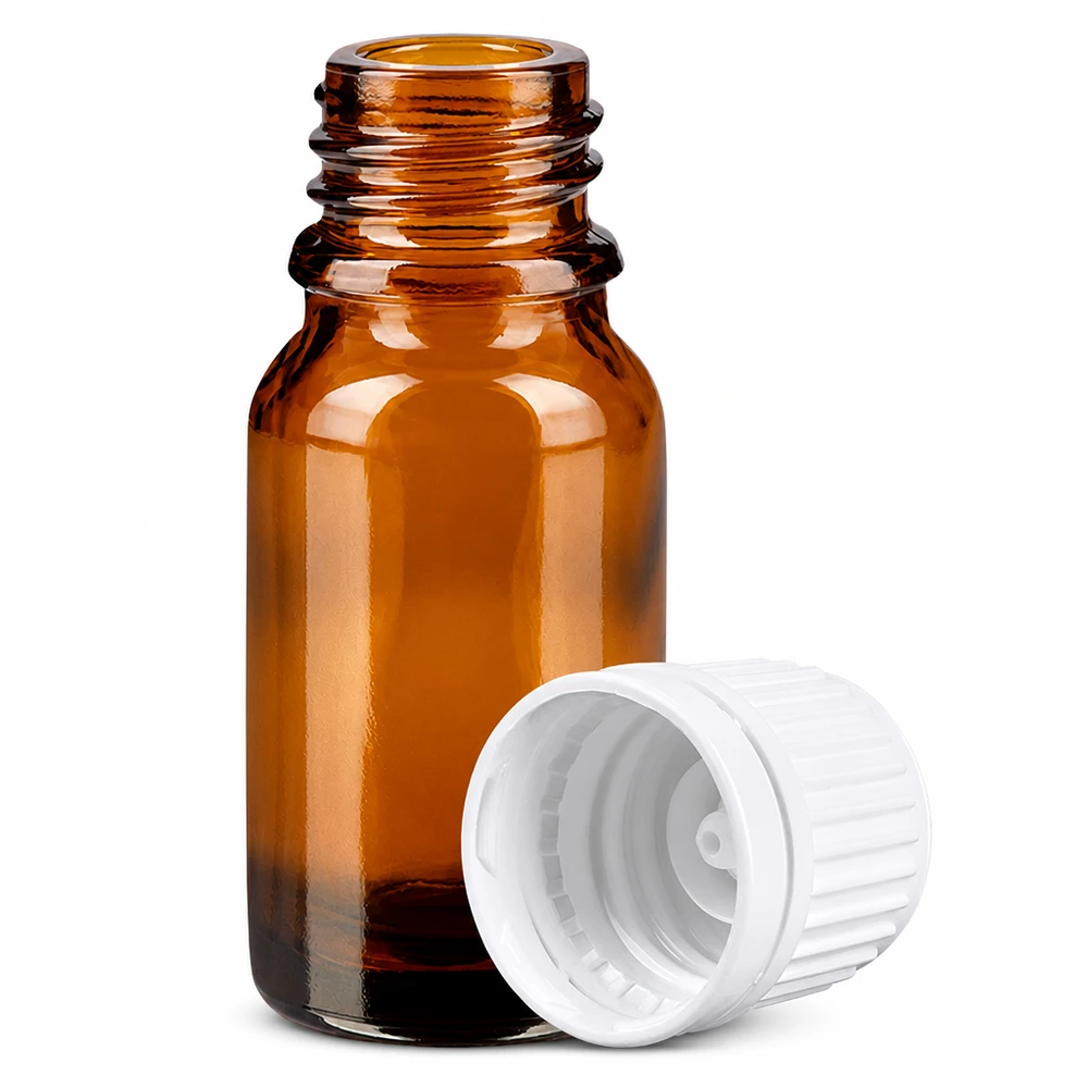 Butelka 10 ml 11 mm SV biała OV BrownLine UT18/10 Brązowa butelka z kroplomierzem o pojemności 10 ml wykonana ze szkła z ochroną przed promieniowaniem UV i zakrętką zabezpieczającą przed dziećmi