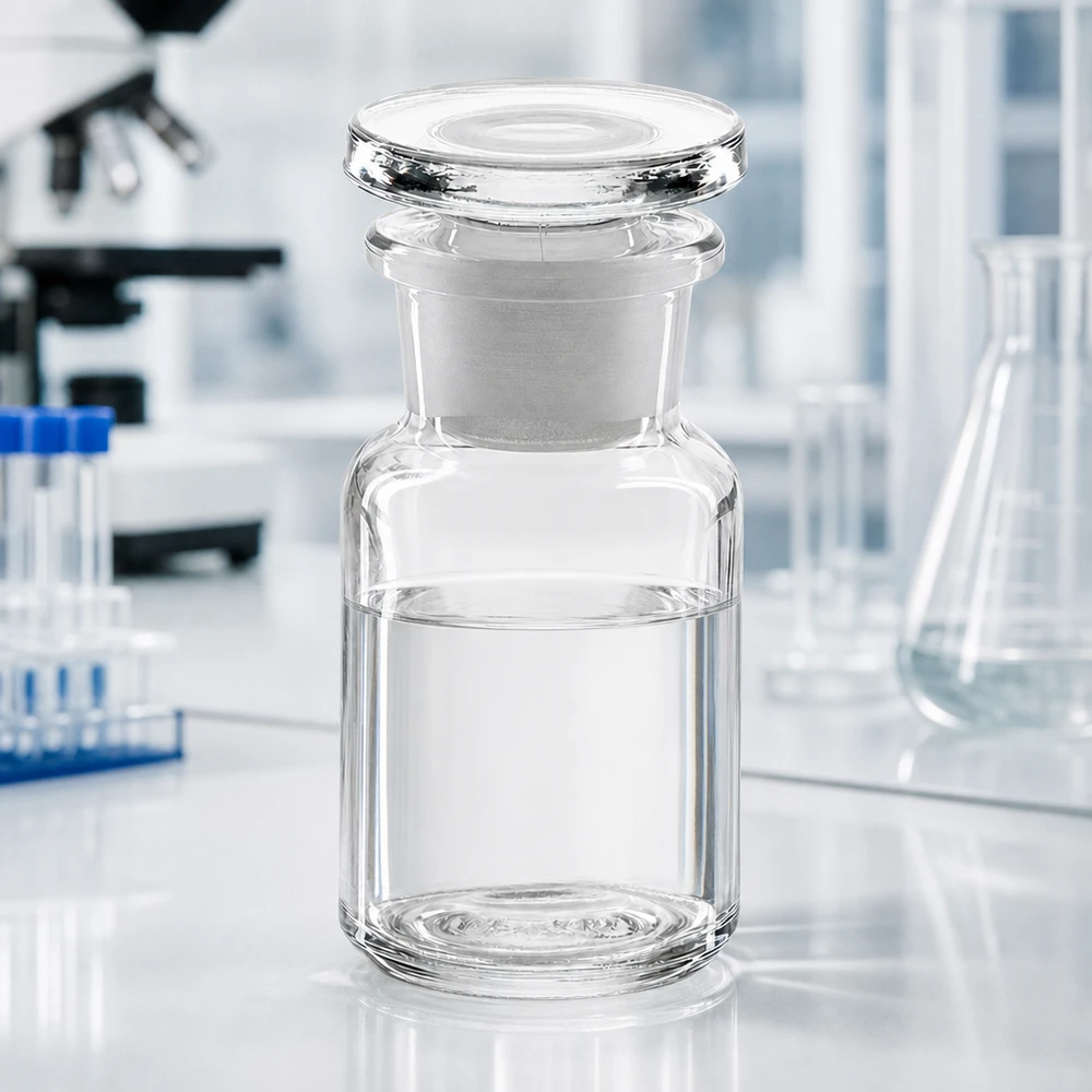 Butelka o zaokrąglonych ramionach, 50 ml, przezroczysta, z szeroką szyjką i szklanym korkiem, na białym stole laboratoryjnym