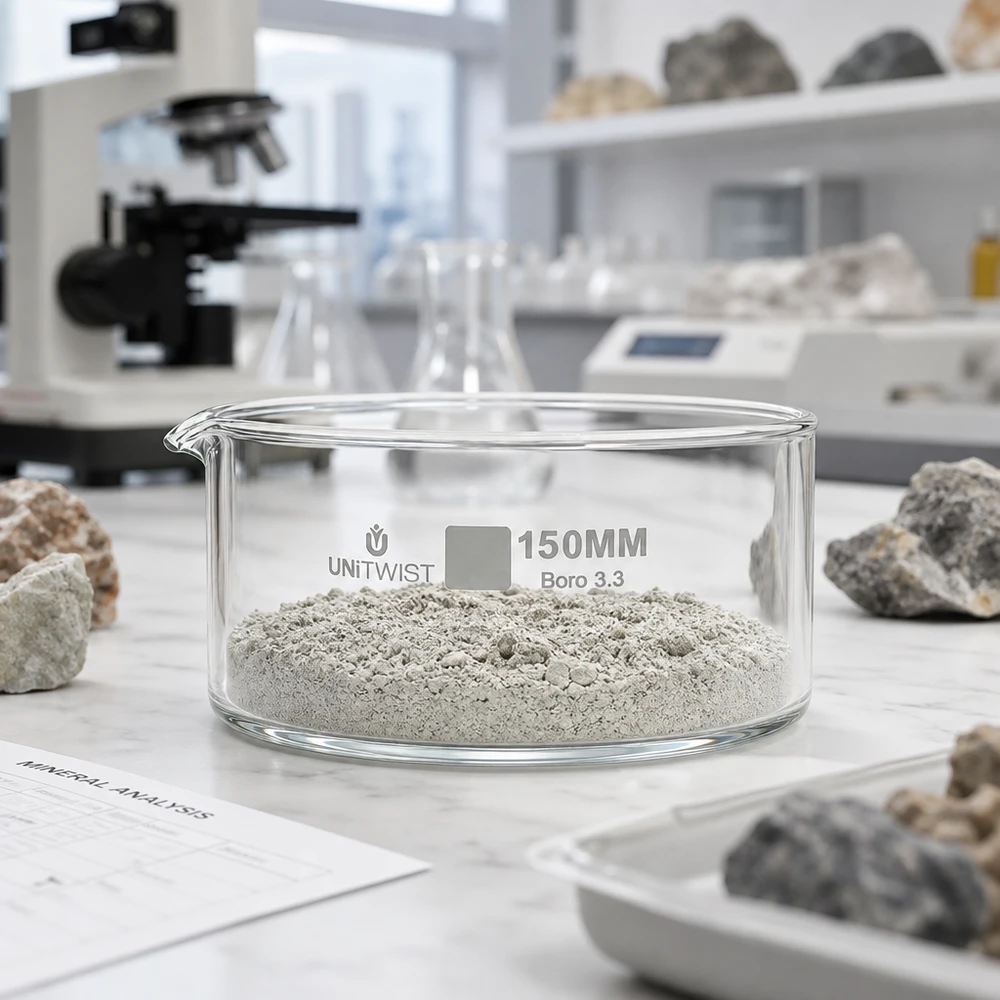 Miska krystalizacyjna 150 mm UNiTWIST Boro 3.3 z szarym proszkiem mineralnym do analizy minerałów w laboratorium