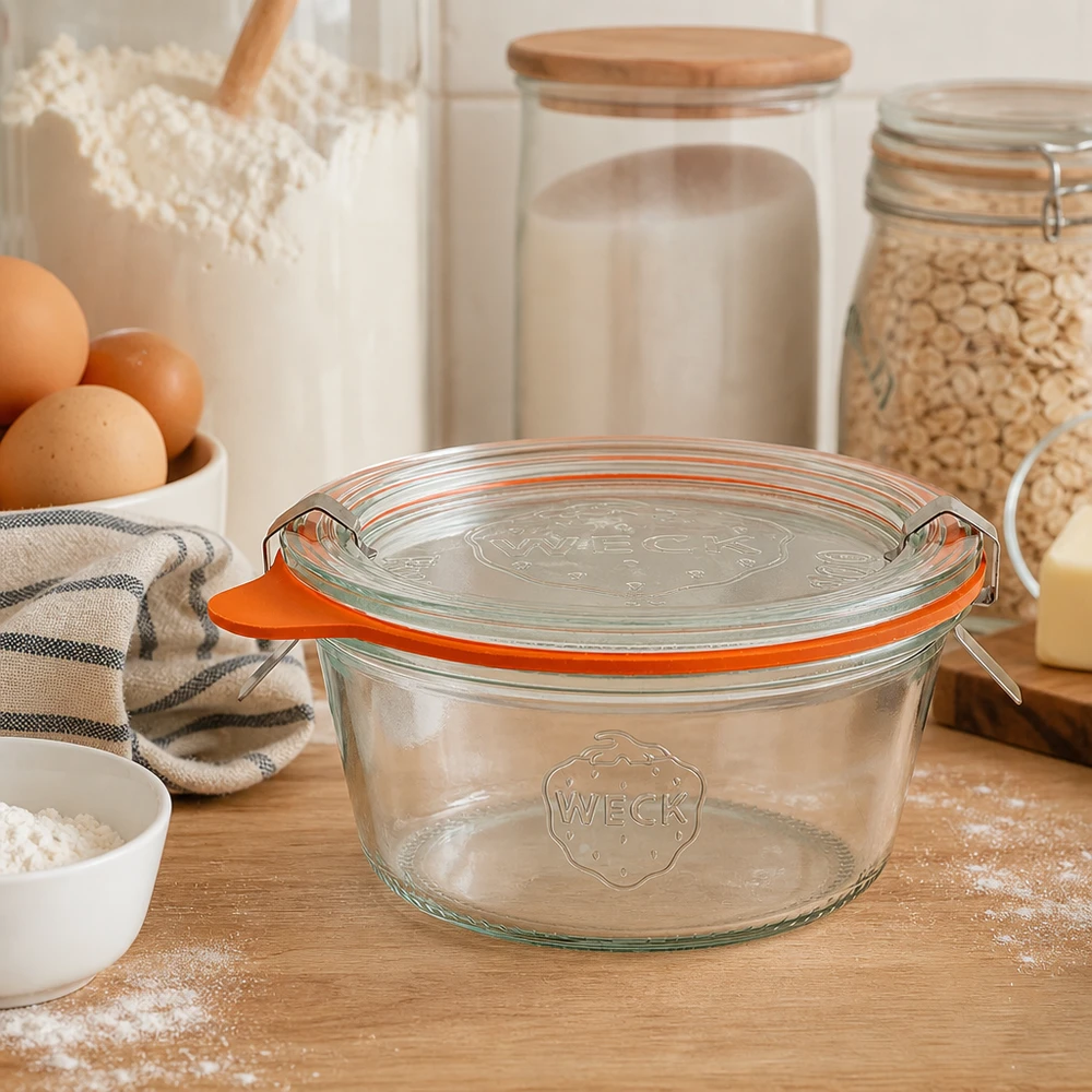 Kubki o pojemności 290 ml, niski komplet WECK RR100 WECK Sturzglas 290ml RR100 in moderner Küche mit Backzutaten zeigt praktische Aufbewahrung und edles Design