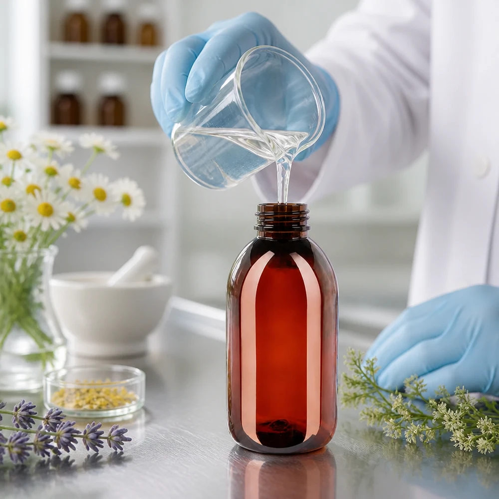 Butelka apteczna o pojemności 250 ml, wykonana z tworzywa PET, z zabezpieczonym przed dziećmi zamknięciem gwarantującym oryginalność produktu, w kolorze zielonym