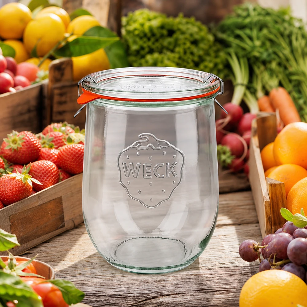 Słoik tulipan 1062ml kompletny WECK RR100 WECK słoik tulipan 1062ml RR100 z uchylną pokrywką otoczony świeżymi owocami i warzywami na drewnianym stole na stoisku targowym