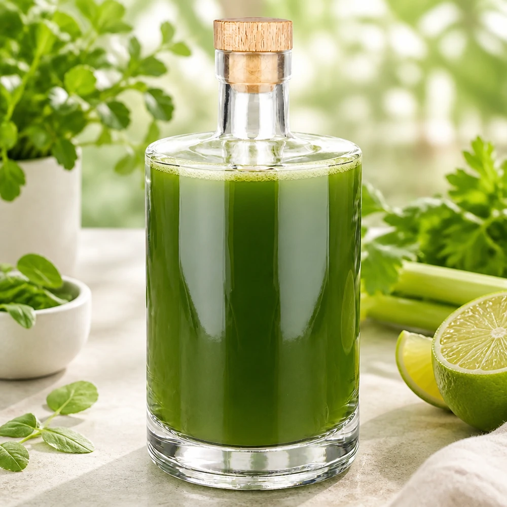 Butelka szklana 700 ml Marie z drewnianym korkiem UNiTWIST® 700ml Glasflasche Marie mit grünem Smoothie befüllt neben frischen Kräutern und Limetten in heller Küche