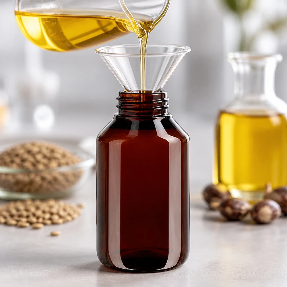 Butelka PET w kolorze bursztynowym o pojemności 50 ml z lejkiem podczas napełniania żółtym olejem
