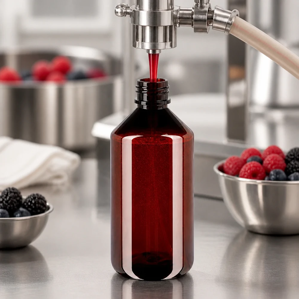 Rozlewanie ekstraktu z jagód do brązowych butelek PET o pojemności 750 ml z czarnym rozpylaczem na linii produkcyjnej