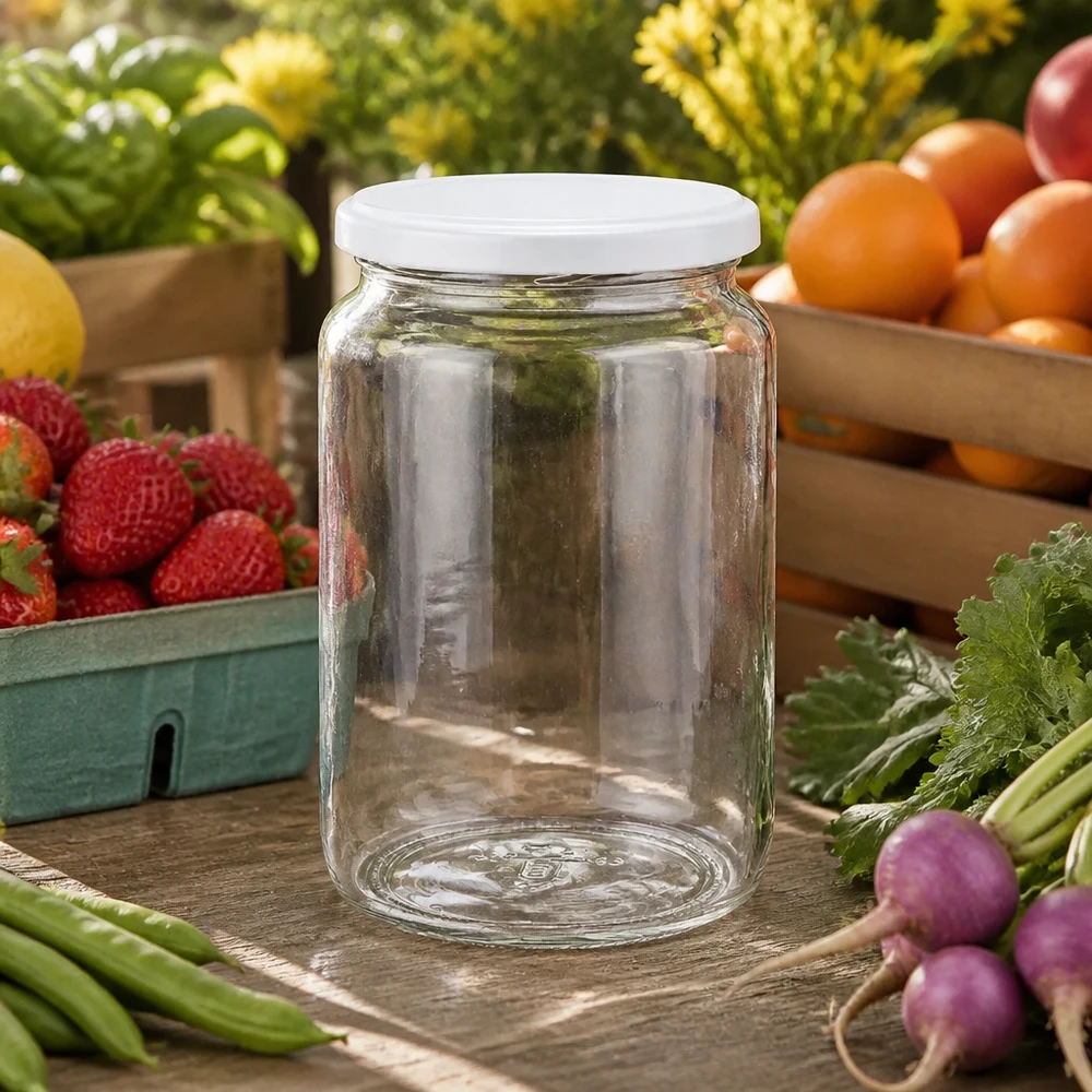 Słoik okrągły 795 ml z pokrywką BasicSeal biała UNiTWIST Klares 795ml Rundglas mit weißem Deckel inmitten von frischem Obst und Gemüse - perfekt für Marmelade und Eingemachtes