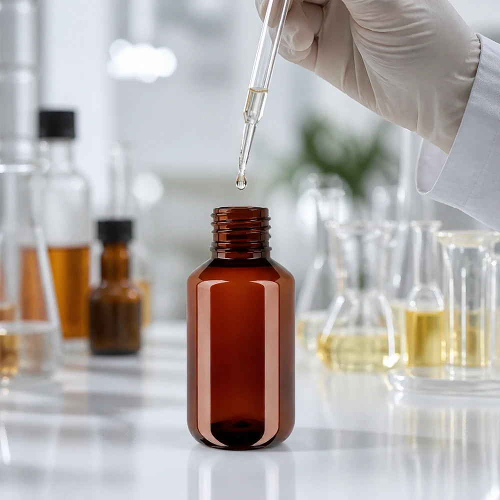 Kompaktowa brązowa butelka PET o pojemności 100 ml z oryginalnym czerwonym zamknięciem, przeznaczona do płynów