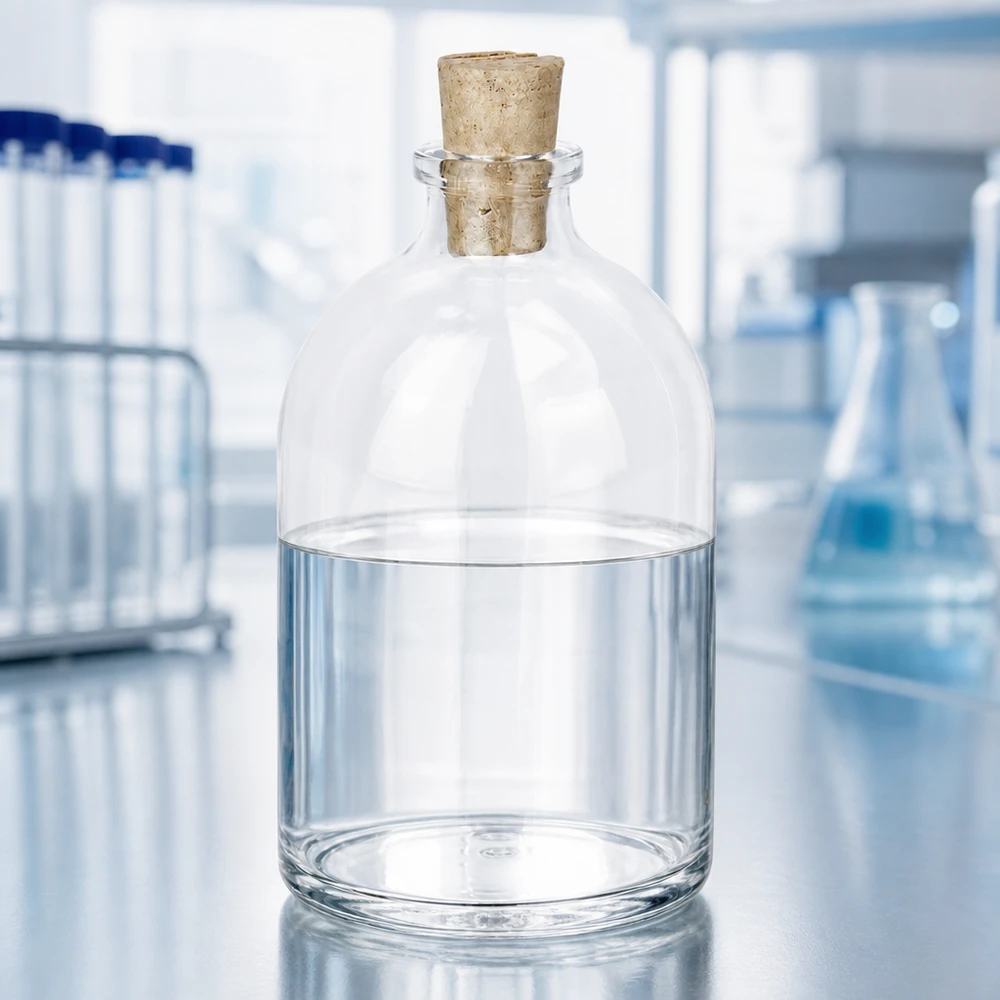 Butelka z przezroczystego szkła 100 ml z korkiem 11/14 mm Handliche Glasflasche 100ml Korkverschluss auf Edelstahloberfläche in professioneller Laborumgebung