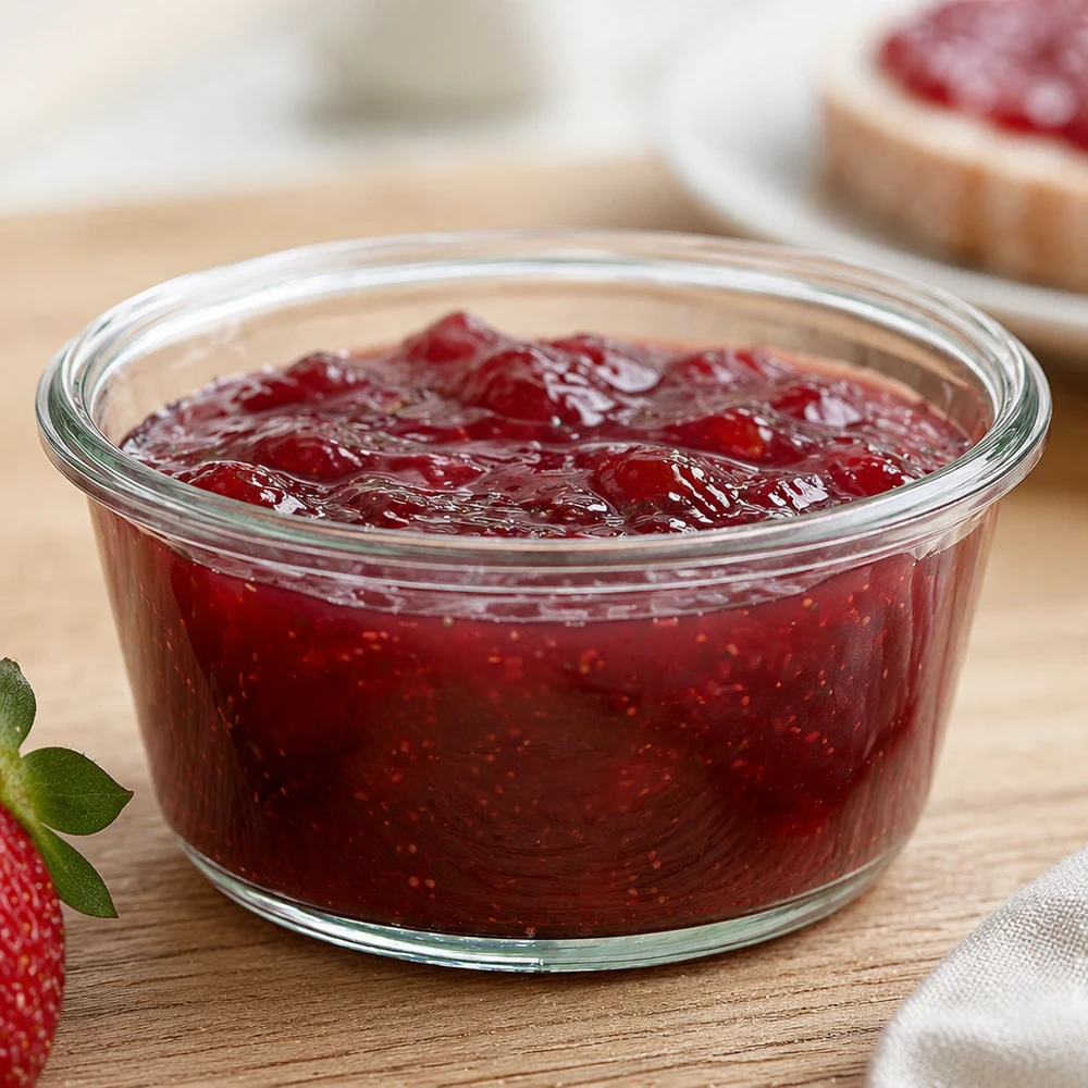Słoik 290ml dla smakoszy WECK RR100 WECK RR100 290ml słoik wypełniony dżemem truskawkowym na desce kuchennej obok truskawek i chleba z dżemem