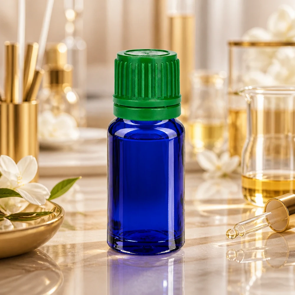 10 ml szklana butelka BlueLine z ochroną UV i zieloną zakrętką do substancji wrażliwych na światło