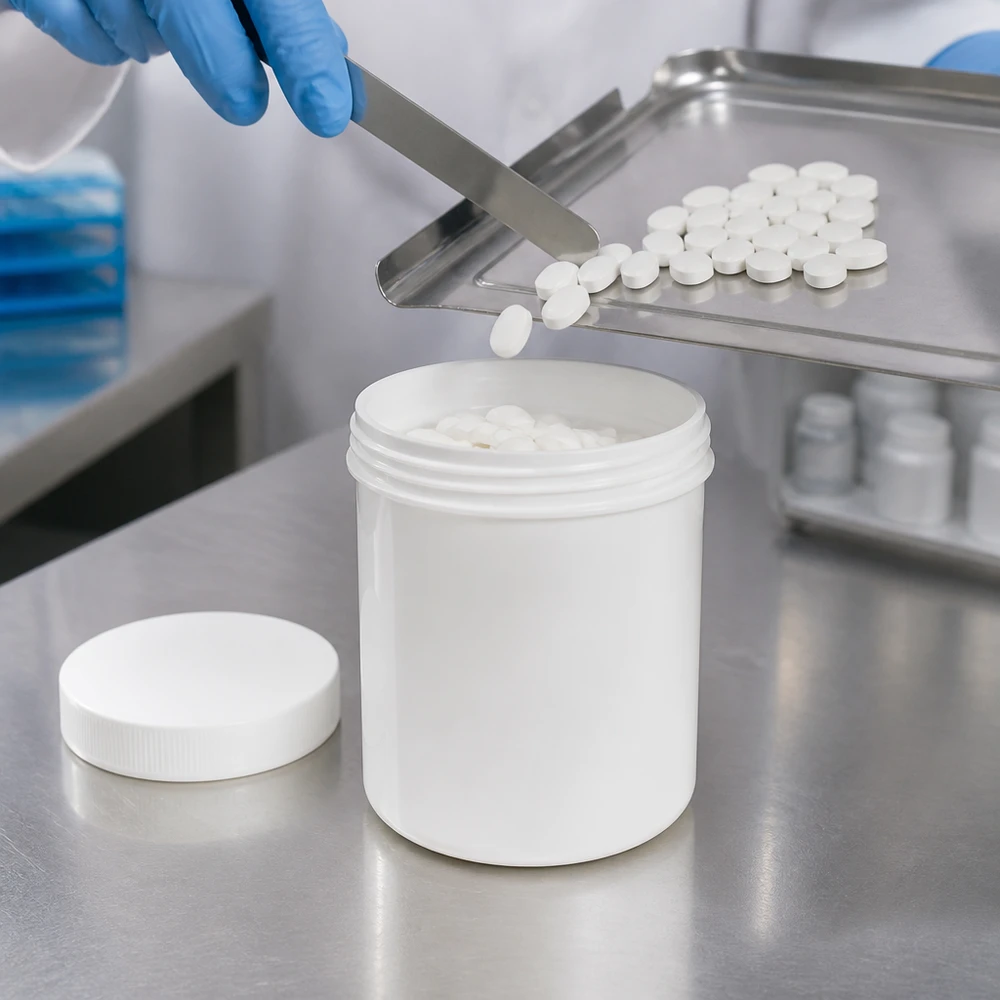 Słoik na maść 200g biały z białą zakrętką (PP) Pakowanie tabletek zgodnie z normami farmaceutycznymi w białe słoiki na maści z PP o pojemności 200 g, z szerokim otworem i zakrętką