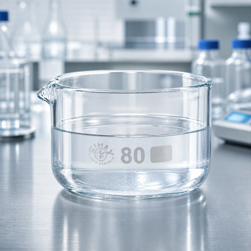 Niska, cylindryczna miska krystalizacyjna o pojemności 150 ml z wylewką, na blacie ze stali nierdzewnej w laboratorium