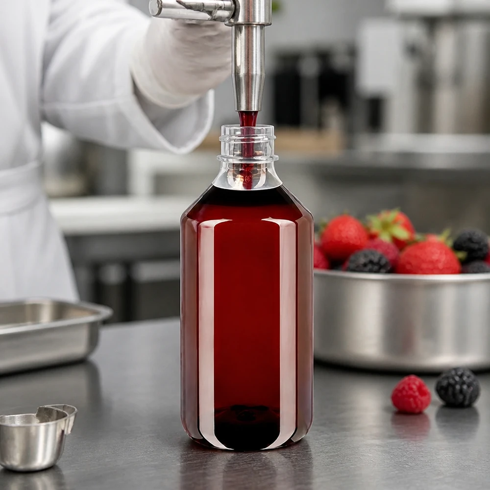 Rozlewanie czerwonego soku jagodowego do brązowych butelek PET o pojemności 750 ml z oryginalnym zamknięciem