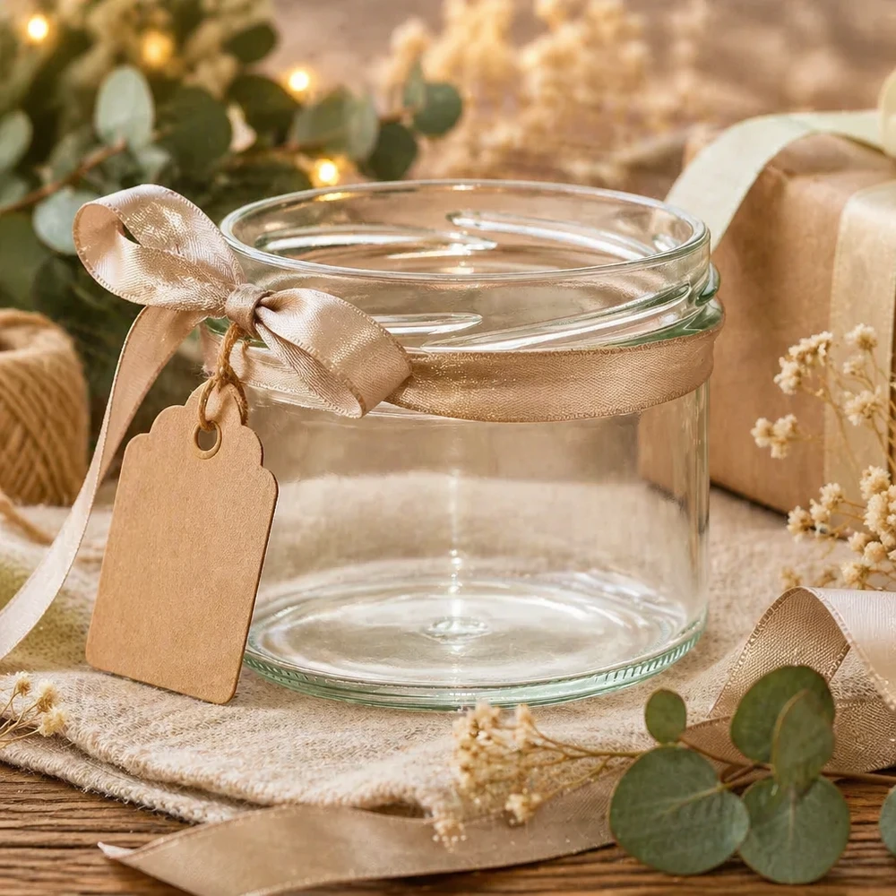 UNiTWIST Sturz180 - kubki o pojemności 180ml TO82 Kubki UNiTWIST Sturz225 225ml TO82 puste ze złotą kokardą i przywieszką prezentową na rustykalnym drewnianym stole
