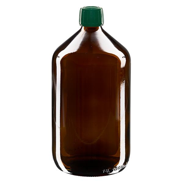 Butelka na lek 1000 ml brązowa, zakrętka zielona z pierścieniem zabezpieczającym ApoGlas. Farmaceutyczna jakość produkcji UE. Gwint 28 mm (PP28). (syrop, butelka z lekkiego szkła) Butelka na lek 1000 ml brązowa, zakrętka zielona z pierścieniem zabezpieczającym ApoGlas. Farmaceutyczna jakość produkcji UE. Gwint 28 mm (PP28). (syrop, butelka z lekkiego szkła)