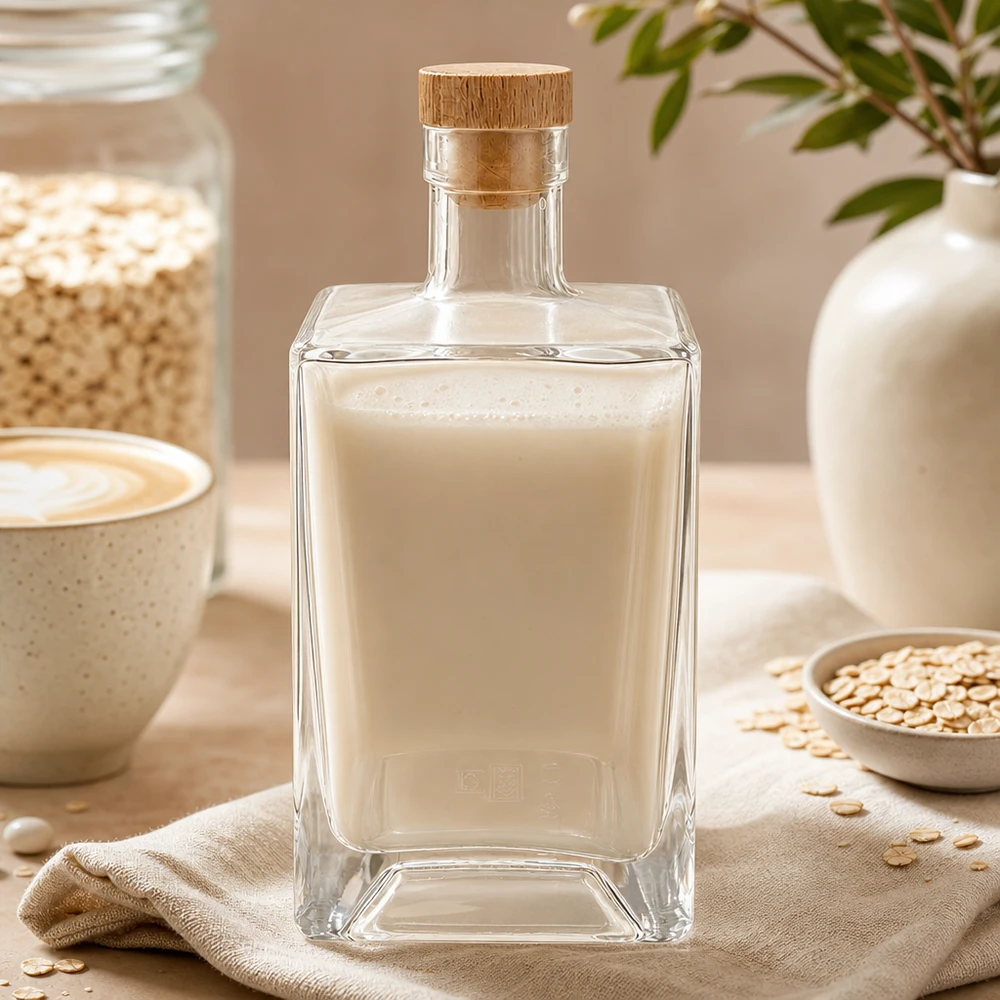 700ml szklana butelka Ben wypełniona mlekiem owsianym obok płatków owsianych i filiżanki kawy naturalna sceneria kuchenna UNiTWIST