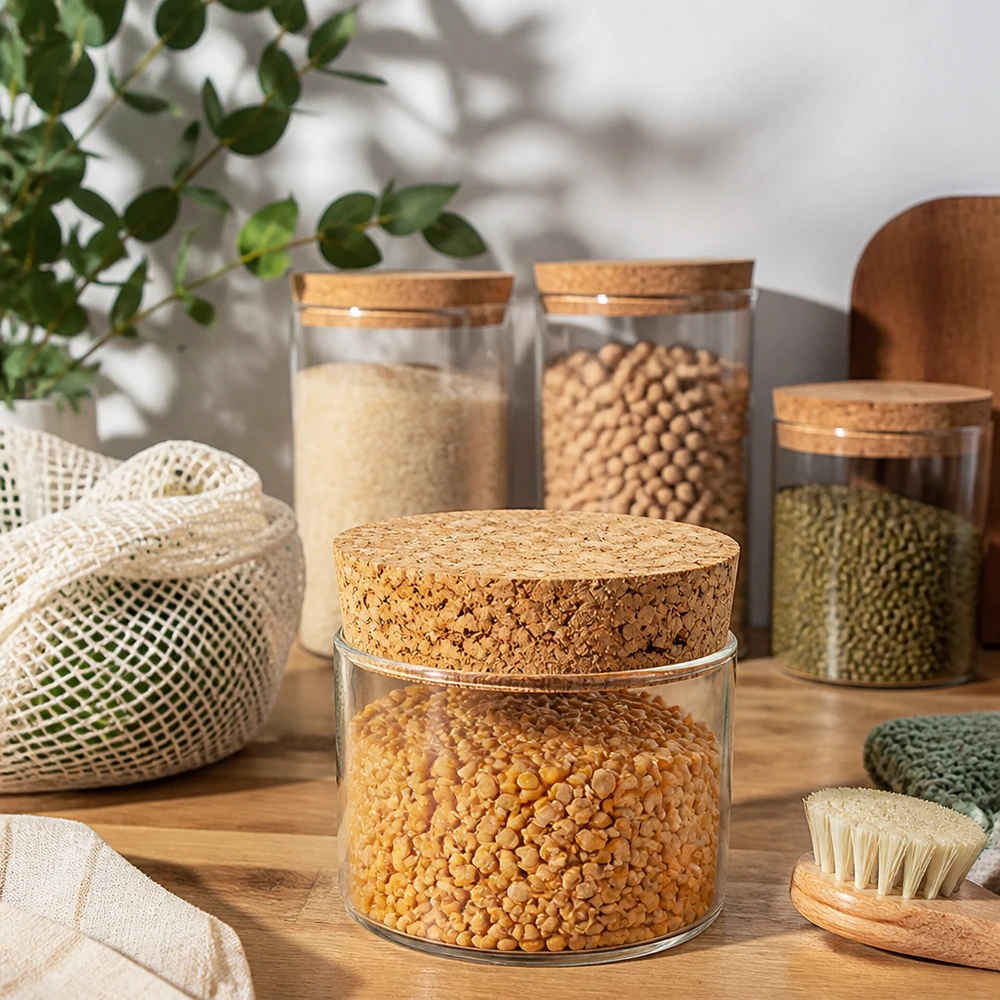 Zrównoważone słoiki do przechowywania z korkowymi pokrywkami i korkiem WECK RR40 w nowoczesnej kuchni zero waste przechowywanie naturalny korek