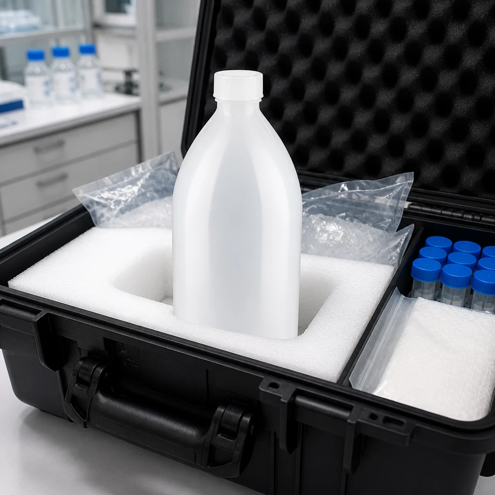 Butelka zakręcana 1000 ml, butelka laboratoryjna z wąską szyjką Probenahmekoffer mit 1000ml Enghals Schraubflasche und Probengefäßen für Außeneinsatz