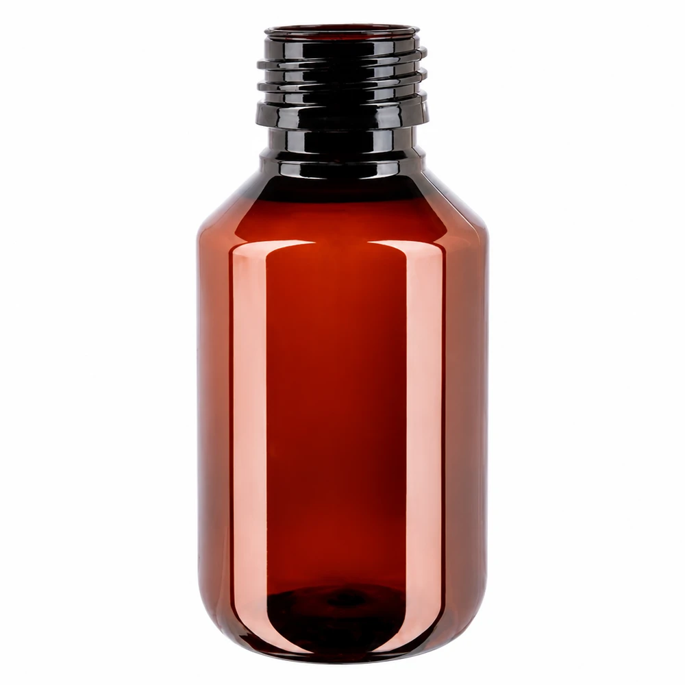 Butelka PET 100 ml, brązowo-bursztynowa, PP28, z gwintem, bez nakrętki, butelka z tworzywa sztucznego