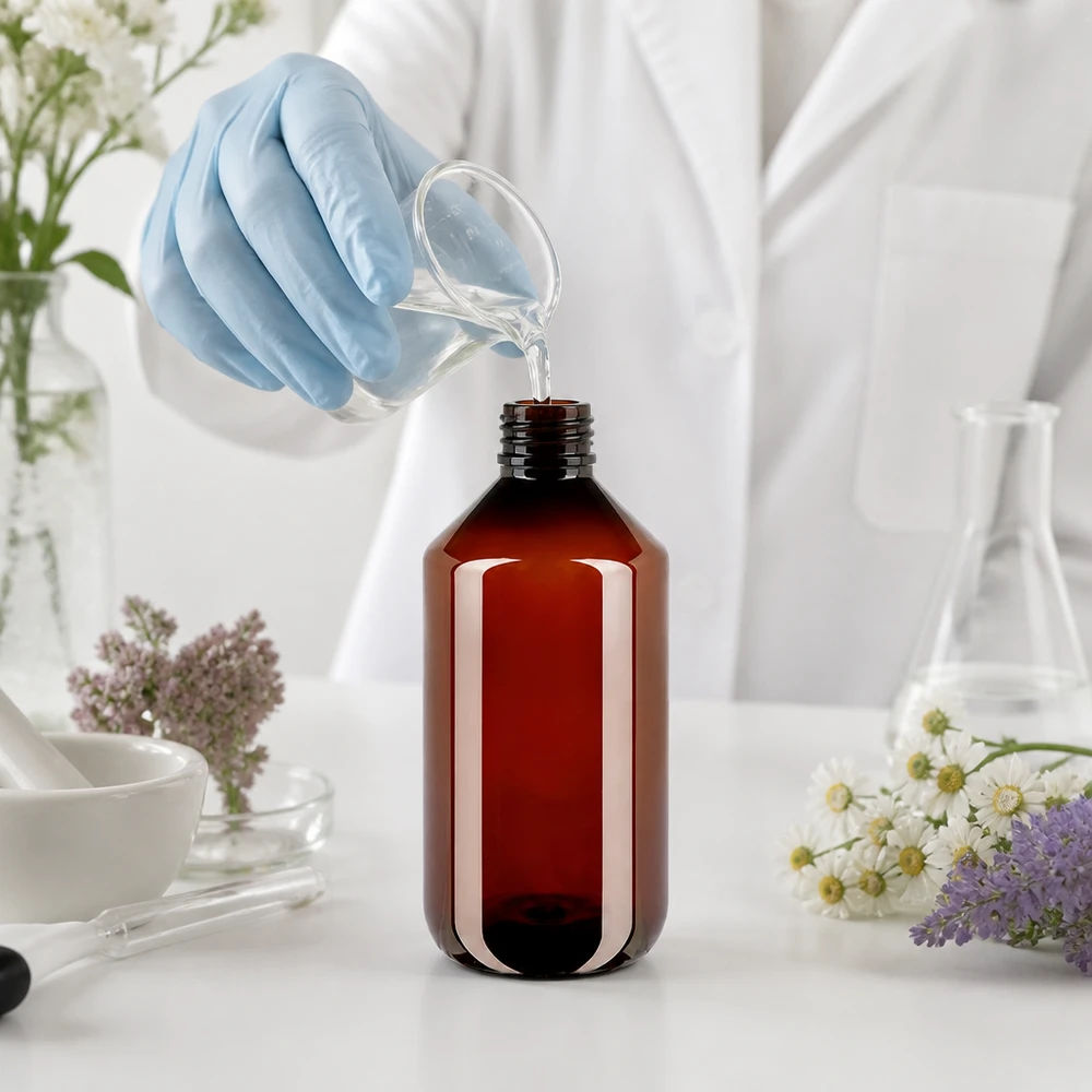 Butelka PET 500ml z czerwoną nakrętką OV Brązowa butelka z tworzywa PET o pojemności 500 ml z bezpiecznym, oryginalnym zamknięciem, przeznaczona do zastosowań laboratoryjnych
