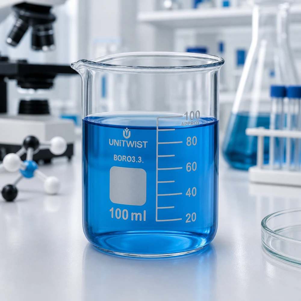 Szklanka UNiTWIST o pojemności 100 ml, wykonana z borokrzemianu, o niskim profilu, z niebieską cieczą w laboratorium
