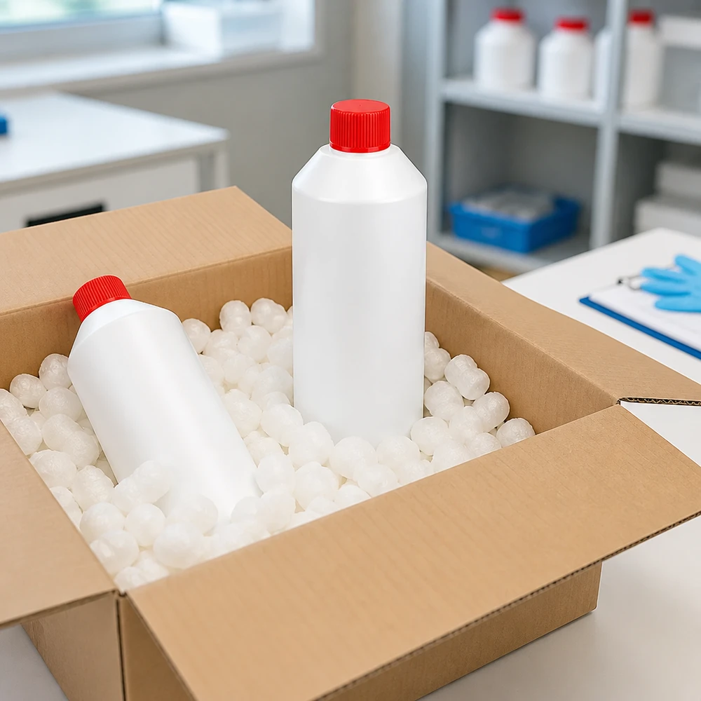 Butelka apteczna z HDPE o pojemności 250 ml, biała, z czerwonym zamknięciem zabezpieczającym, bezpiecznie zapakowana w karton