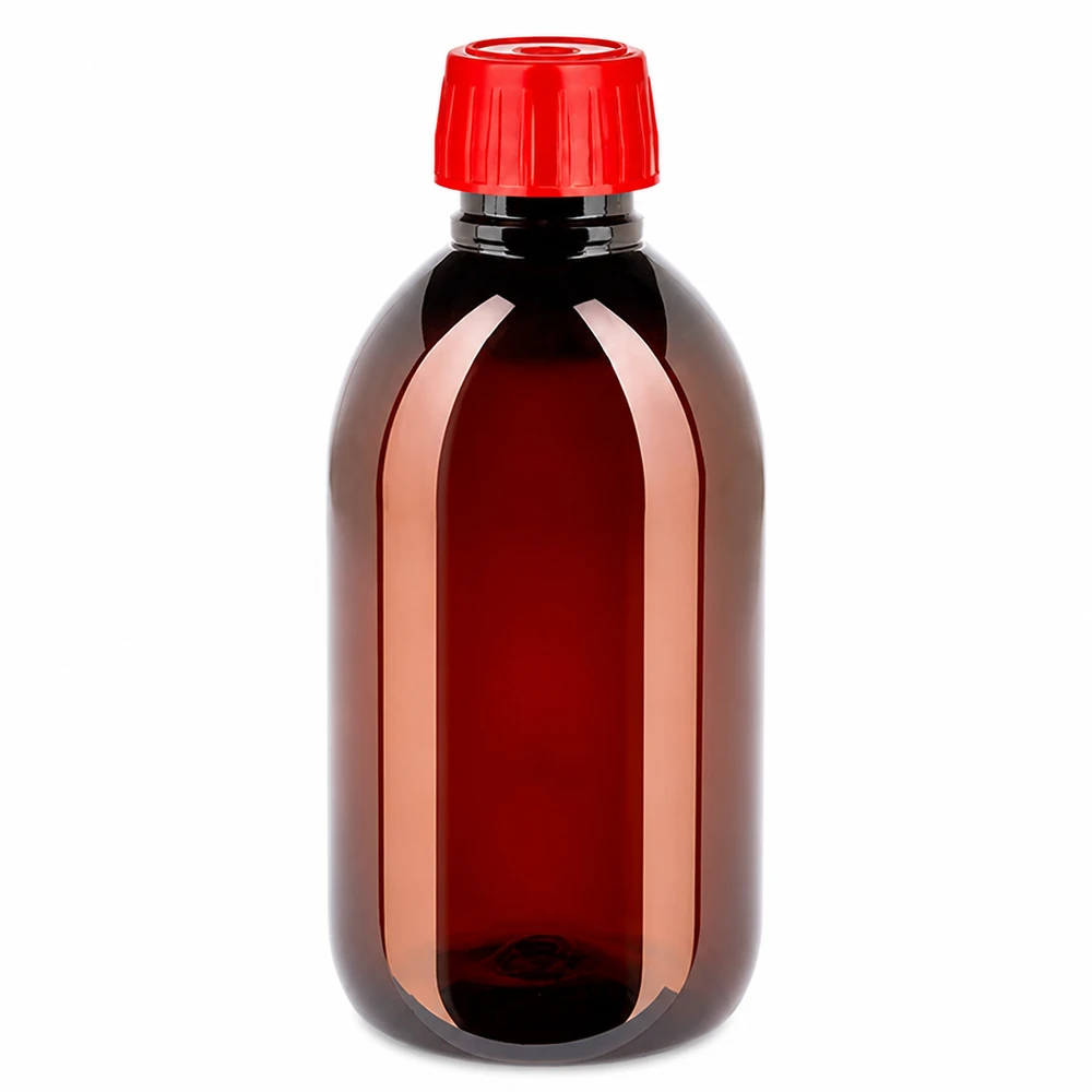 Butelka PET 250ml z nakrętką odgazowującą czerwona Brązowa butelka PET o pojemności 250 ml z czerwonym zamknięciem odgazowującym, przeznaczona do bezpiecznego przechowywania płynów