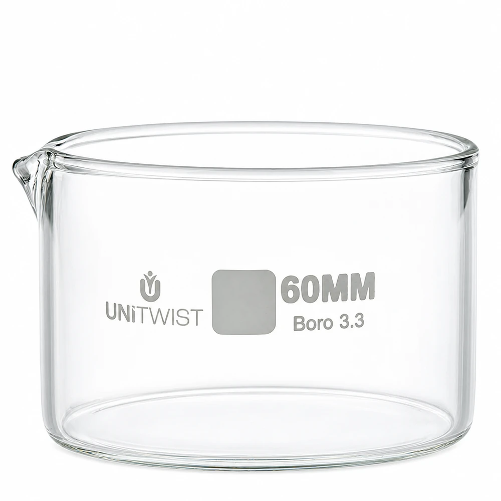 Miska do krystalizacji 60 mm ze szkła borokrzemowego UNiTWIST Boro 3.3, przezroczysta, cylindryczna, z wylewką