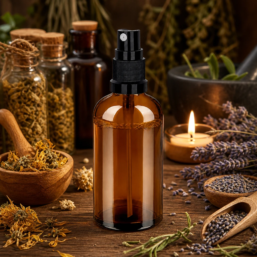 Wysokiej jakości butelka z bursztynowego szkła o pojemności 100 ml z pompką rozpylającą STD BrownLine do naturalnych produktów kosmetycznych
