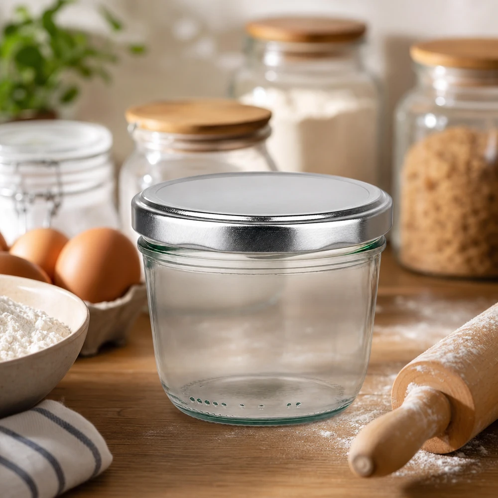 Słoik 230 ml z pokrywką BasicSeal w kolorze srebrnym UN.. Pojemniki 230 ml ze srebrną pokrywką BasicSeal w środowisku piekarniczym z mąką jajkami wałkiem do ciasta składnikami do pieczenia atmosfera w kuchni