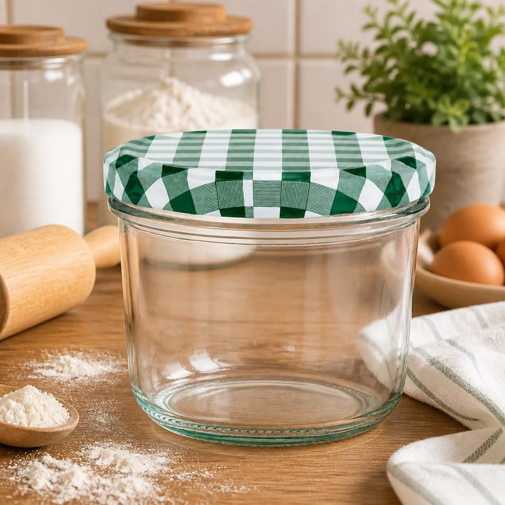 Pusty pojemnik 230 ml z pokrywką BasicSeal zielono-biała szachownica scena kuchenna jajka mąka drewniana deska słoik na przetwory