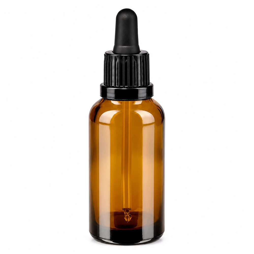30 ml butelka z pipetą, czarna OV BrownLine UT18/30 Butelka z pipetą z bursztynowego szkła o pojemności 30 ml z czarną zakrętką do olejków eterycznych i serum