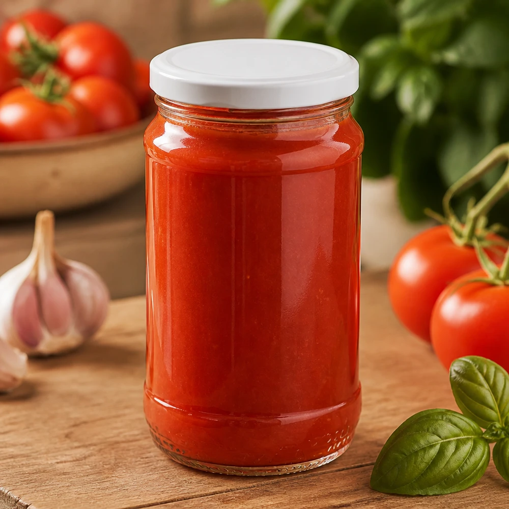 Okrągła szklanka UNiTWIST o pojemności 370 ml z białą pokrywką BasicSeal, wypełniona sosem pomidorowym i otoczona świeżymi składnikami