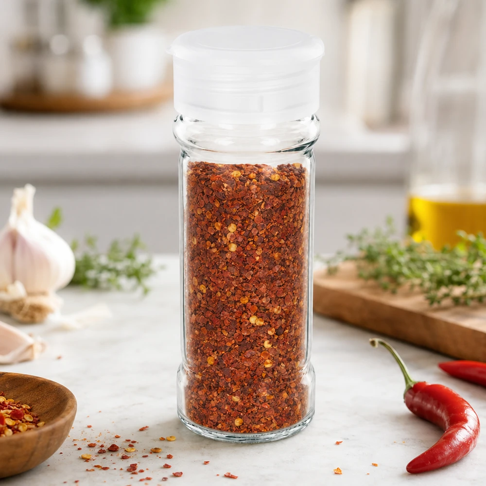 Słoik na sól/przyprawy 100 ml z dozownikiem, biały Słoik na przyprawy o pojemności 100 ml, wypełniony płatkami chili, z białą pokrywką z dozownikiem