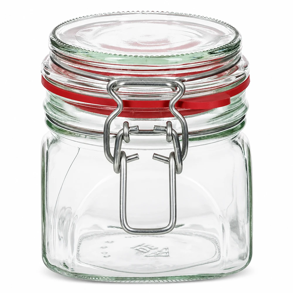 Słoik do przechowywania o pojemności 370 ml, typ G, z zamknięciem na zatrzask UN.. Słoik do przechowywania o pojemności 370 ml z obrotową pokrywką i czerwonym gumowym pierścieniem do hermetycznego przechowywania