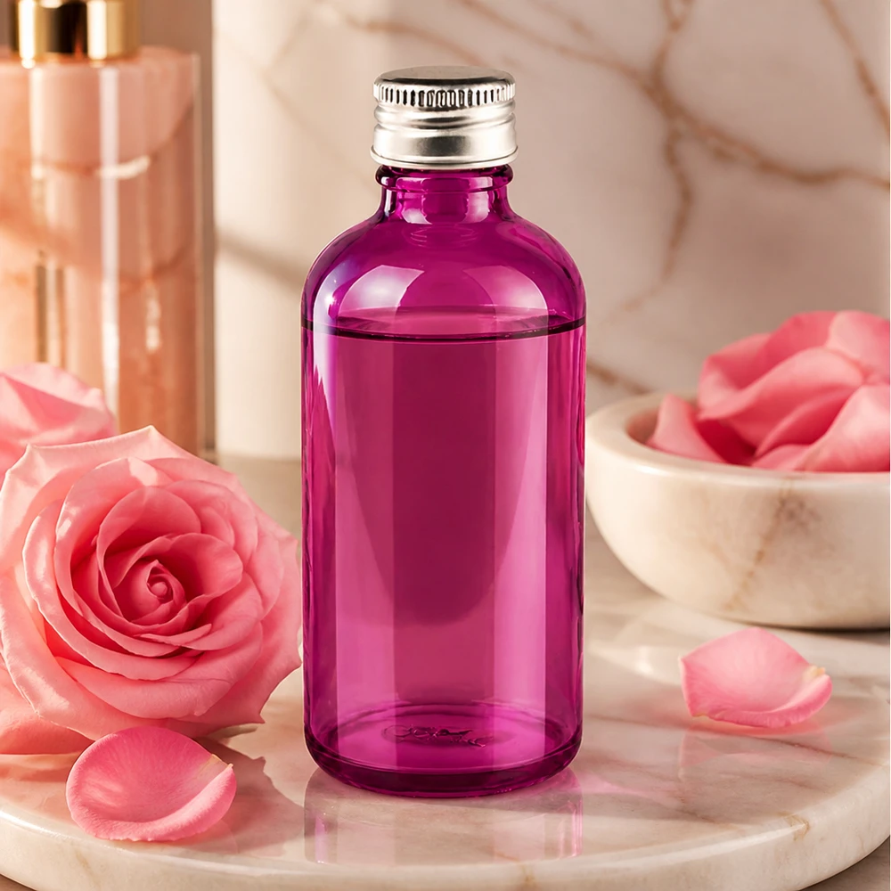 Butelka 100 ml. Zakrętka 11 mm aluminiowo-srebrna w standardzie PurpleLine. UT18/100 Wysokiej jakości szklana butelka 100 ml w kolorze fioletowym na produkty kosmetyczne z wytrzymałą aluminiową pokrywką