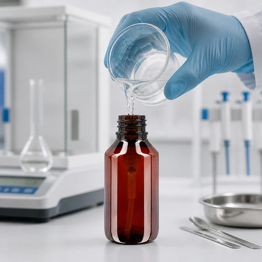 Butelka PET 50ml z pompką dozującą biała Präzises Befüllen einer lichtgeschützten 50ml PET Rundflasche mit flüssigem Wirkstoff